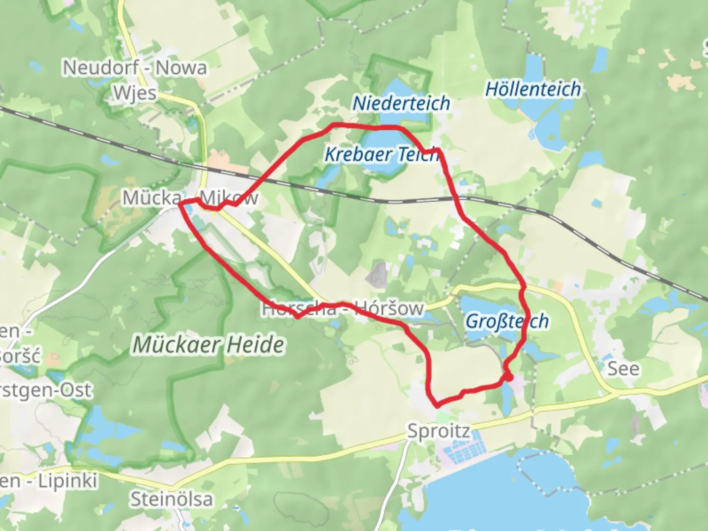 An image depicting the trail Krebaer Teich and Niederteich via Rundweg Petershainer Teiche and its surrounding area.