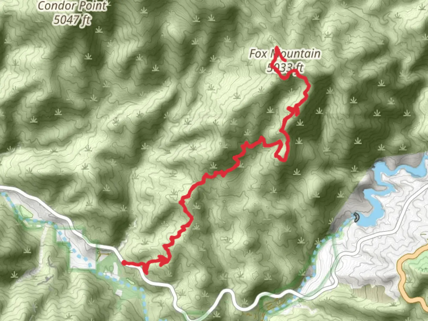An image depicting the trail Fox Mountain via Condor Peak Trail and its surrounding area.