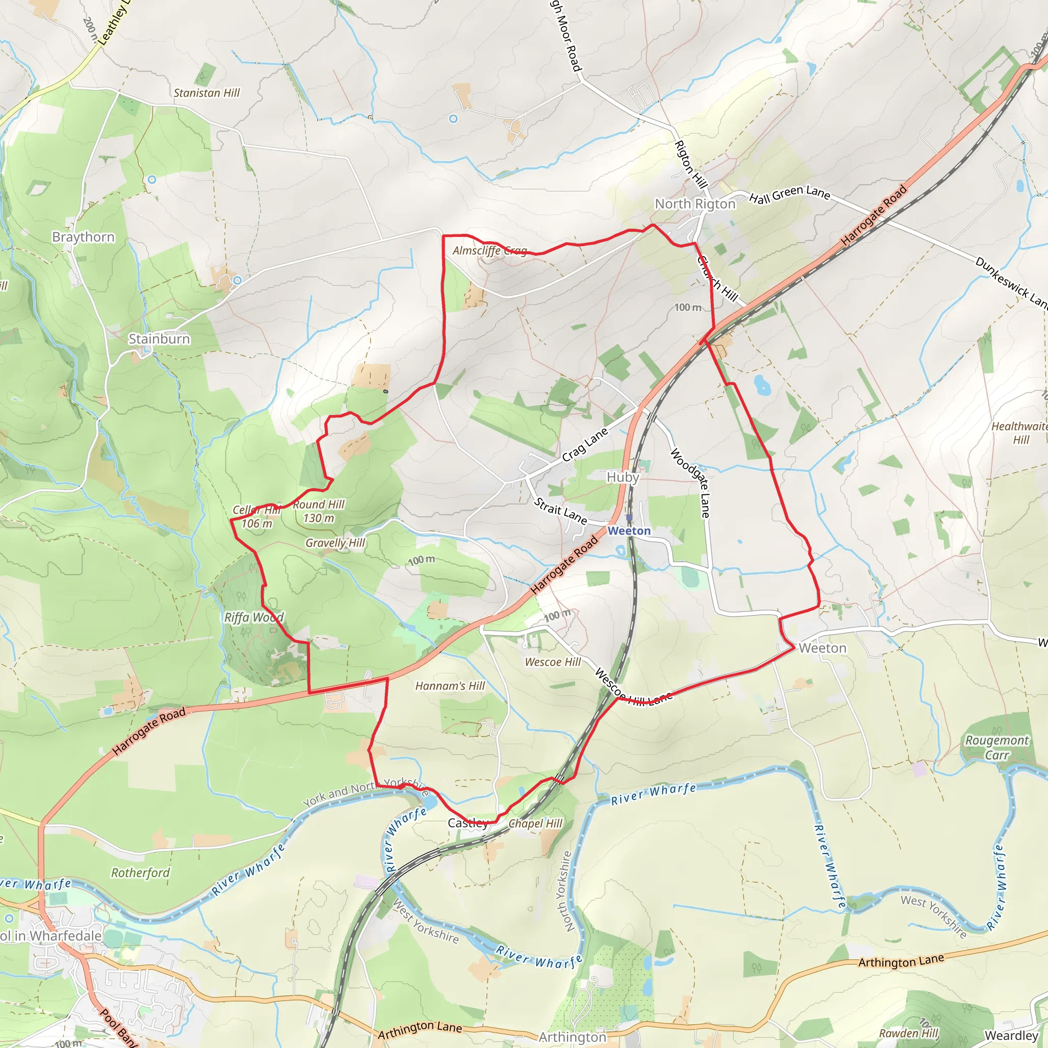 Castley and North Rigton Loop via Almscliffe Crag mobile static map