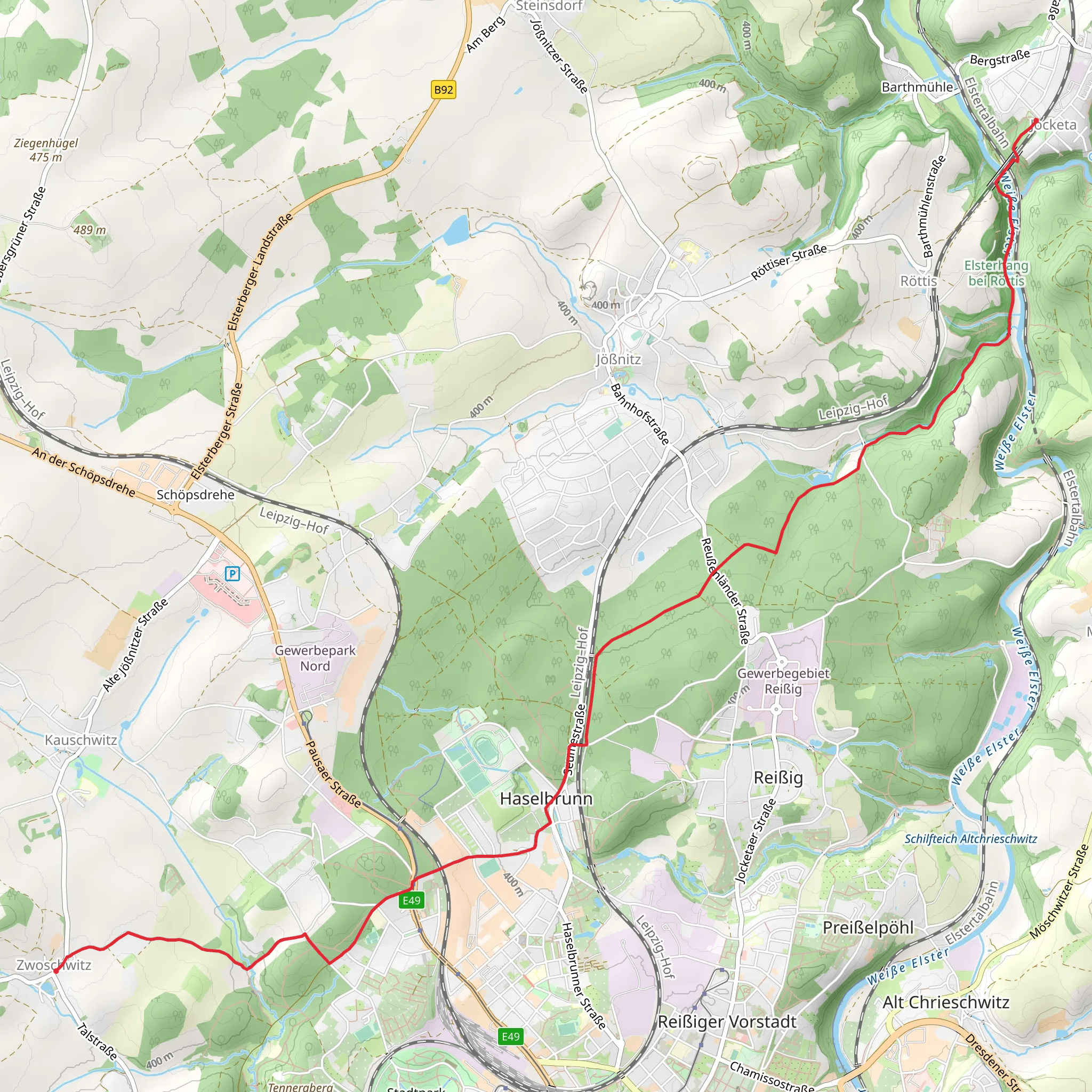 Jocketa to Zwoschwitz via Holzmühlenweg mobile static map
