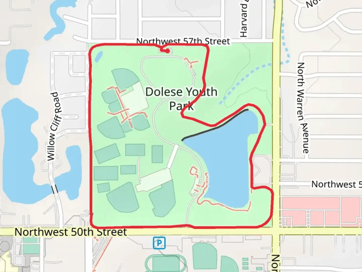 An image depicting the trail Dolese Youth Park Loop and its surrounding area.