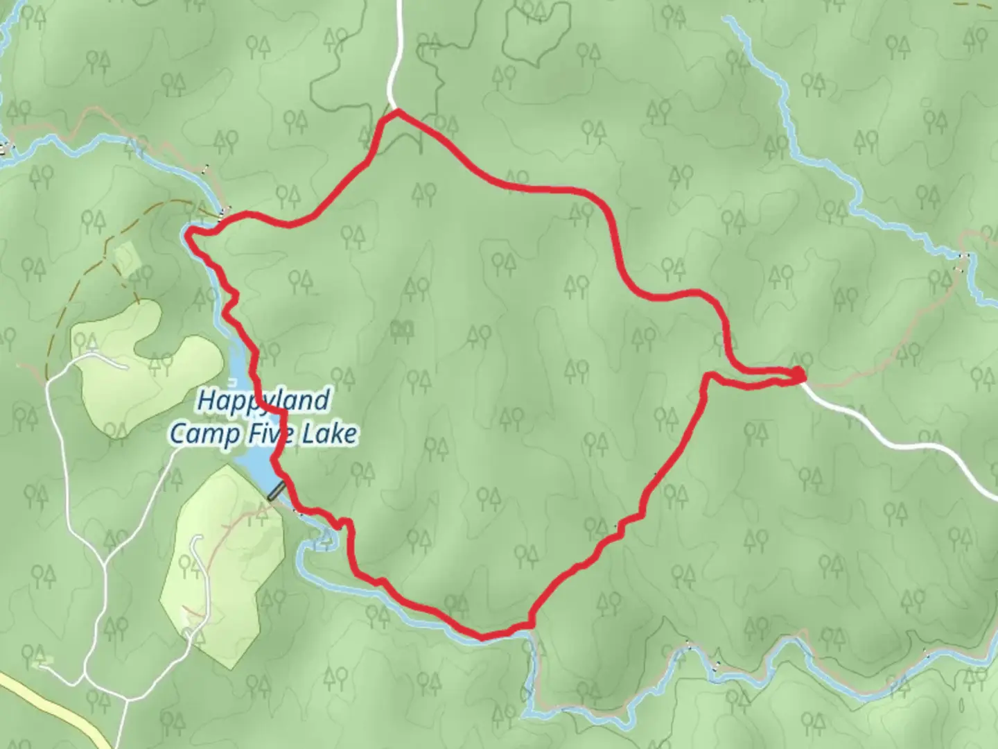 An image depicting the trail Happyland Camp Five Lake via South Valley Trail and its surrounding area.