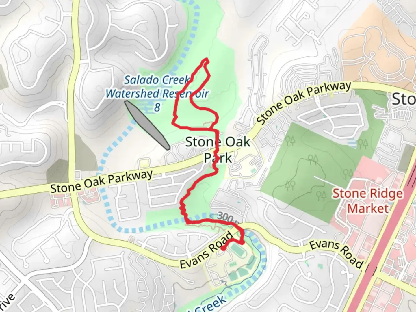 An image depicting the trail Stone Oak Park Loop and its surrounding area.