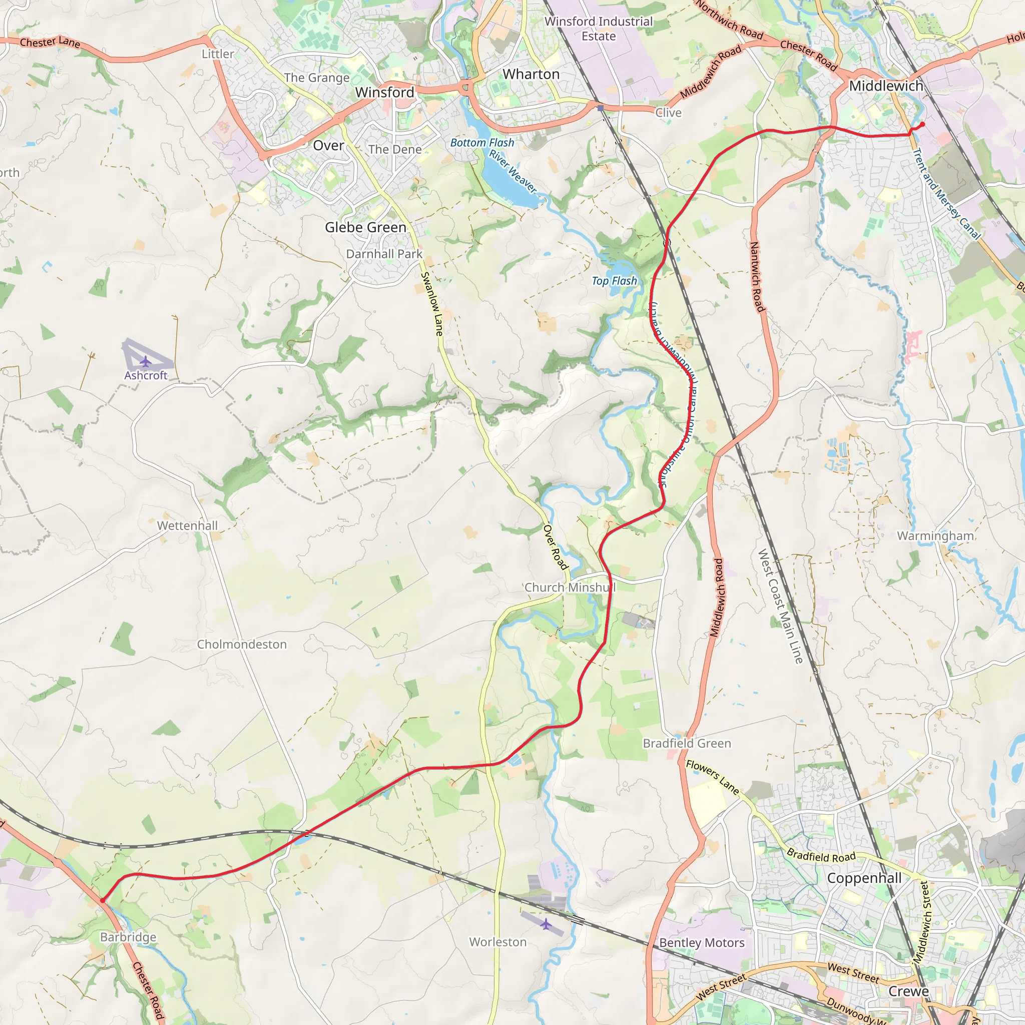 Walk along Shropshire Union Canal Middlewich Branch mobile static map