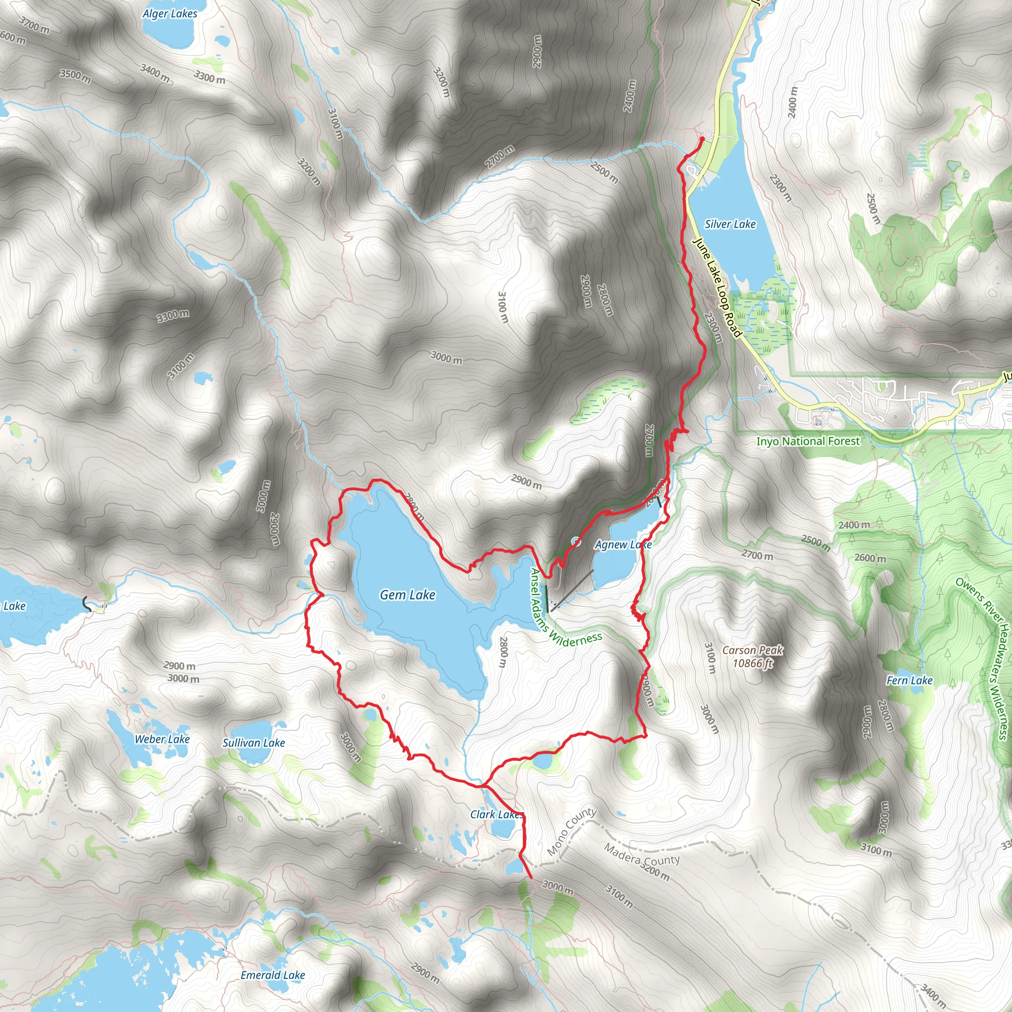 Gem Lake, Agnew Pass, Summit Lake via Rush Creek Loop Trail mobile static map