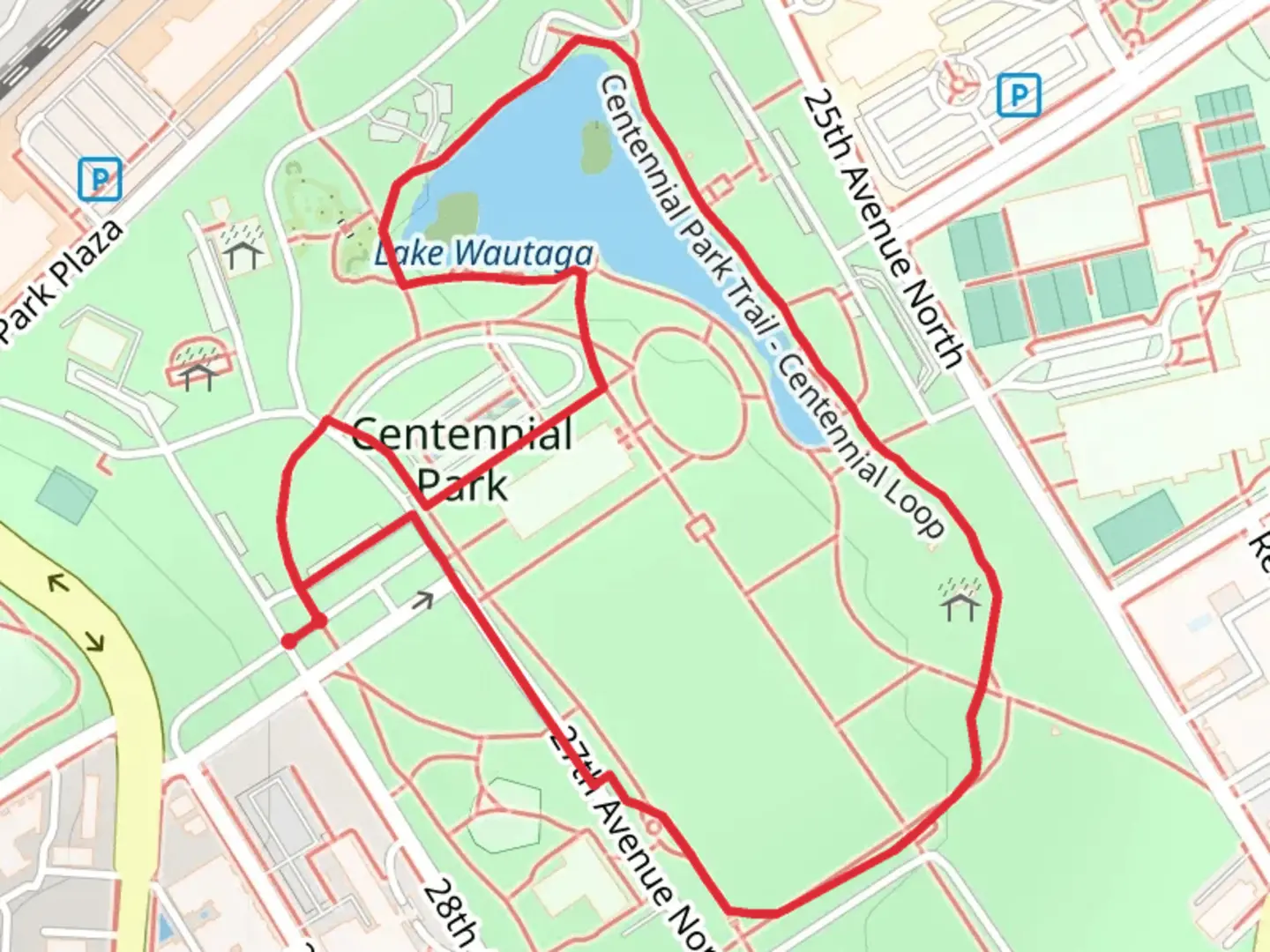 An image depicting the trail Lake Wautaga and Centennial Park Loop via Centennial Park Trail and its surrounding area.