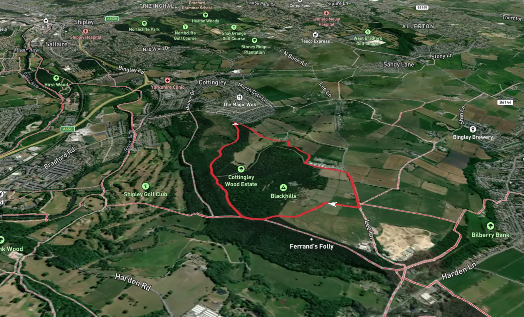 An image depicting the trail Cottingley Wood Estate Loop and its surrounding area.