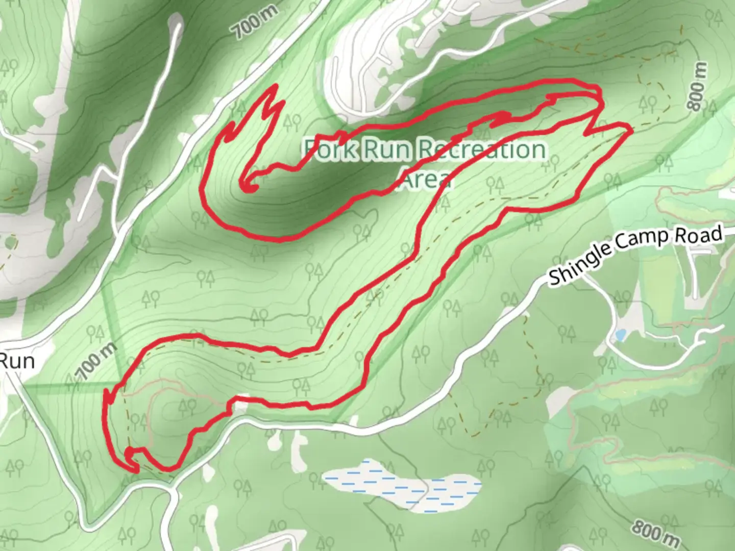 An image depicting the trail Red Trail, Green Trail and Gray Trail Loop and its surrounding area.