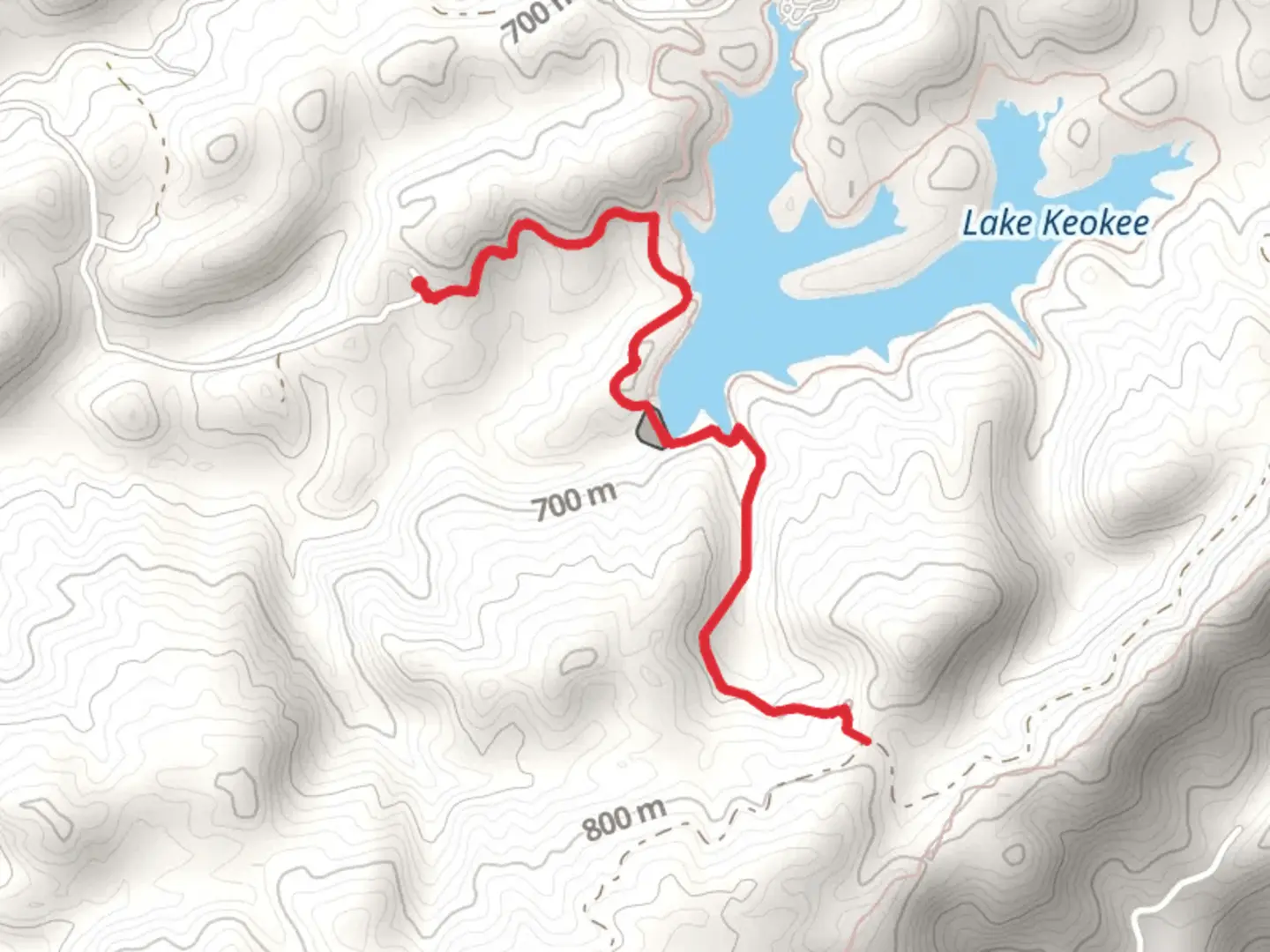 An image depicting the trail Olinger Gap Trail via Lake Keokee Loop Trail and its surrounding area.