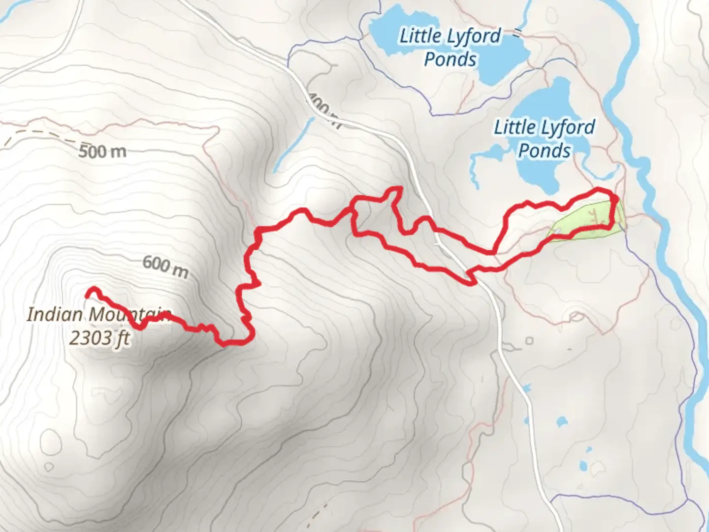 An image depicting the trail Indian Mountain from Little Lyford Ponds and its surrounding area.