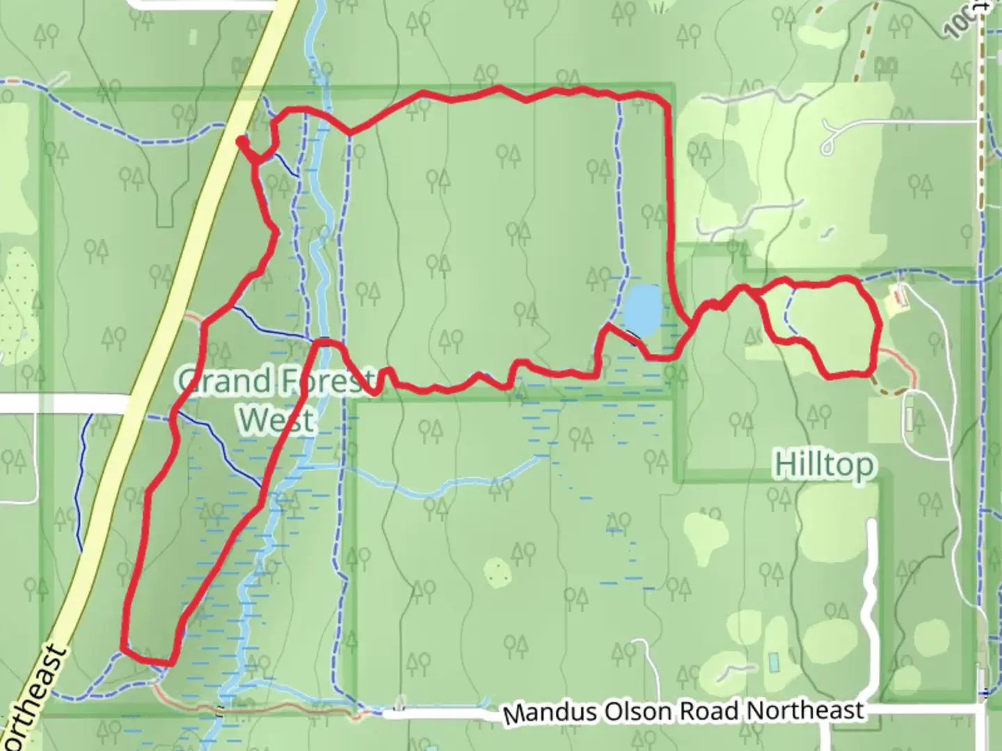An image depicting the trail Grand Forest West Loop via Trillium Trail and its surrounding area.
