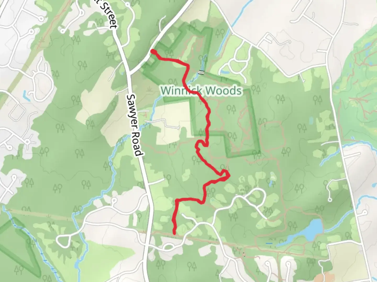 An image depicting the trail Sawyer Road to Cross Hill Road and its surrounding area.
