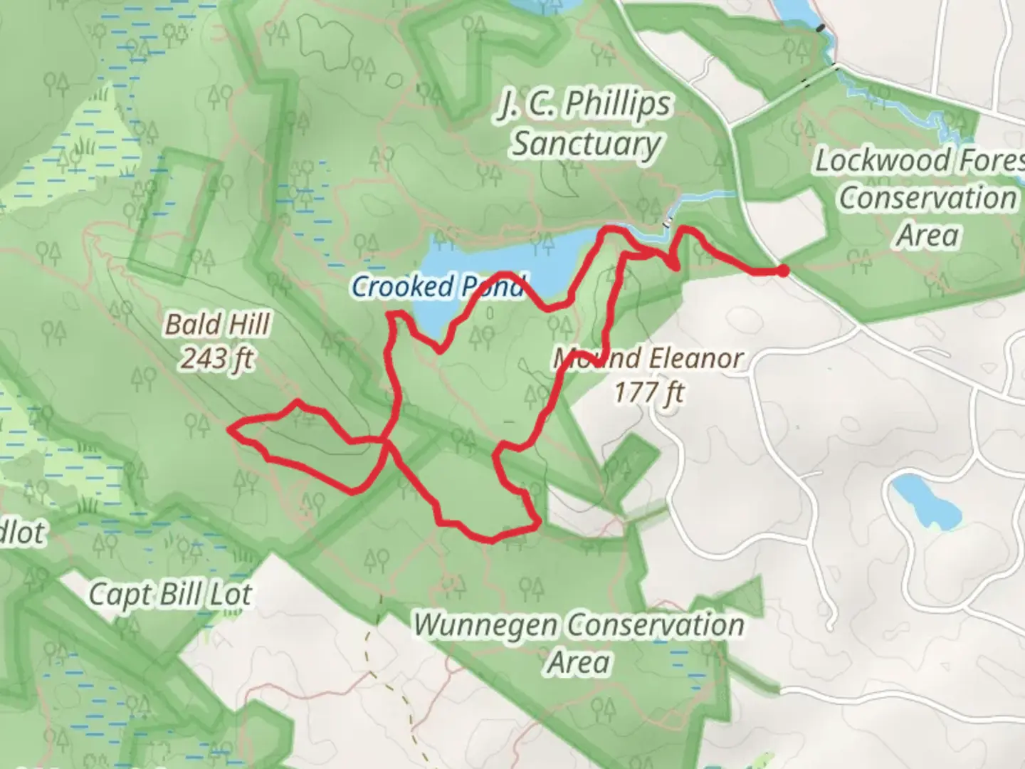 An image depicting the trail Bay Circuit Trail Loop from Crooked Pond and its surrounding area.