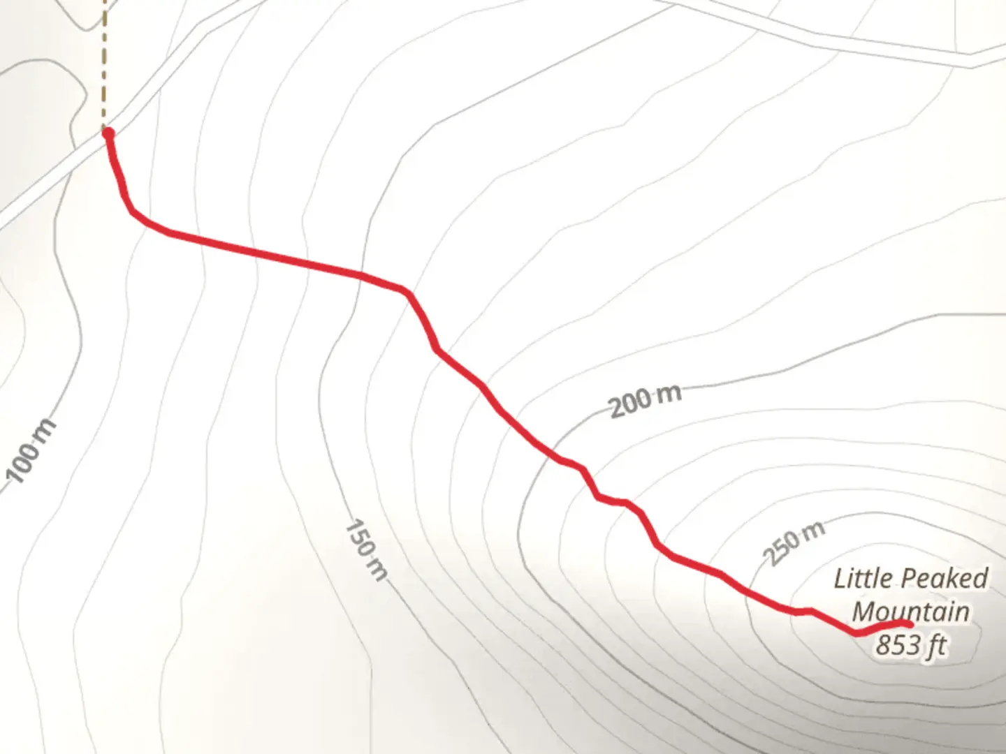 An image depicting the trail Little Peaked Mountain from Chick Hill Road and its surrounding area.