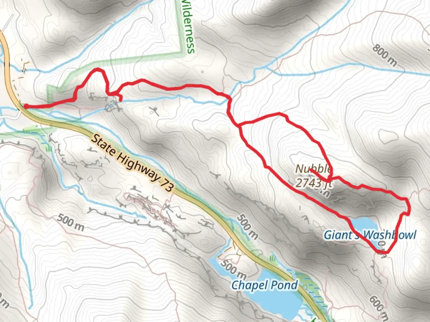An image depicting the trail Nubble, Roaring Brook Falls and Giant Washbowl Loop and its surrounding area.