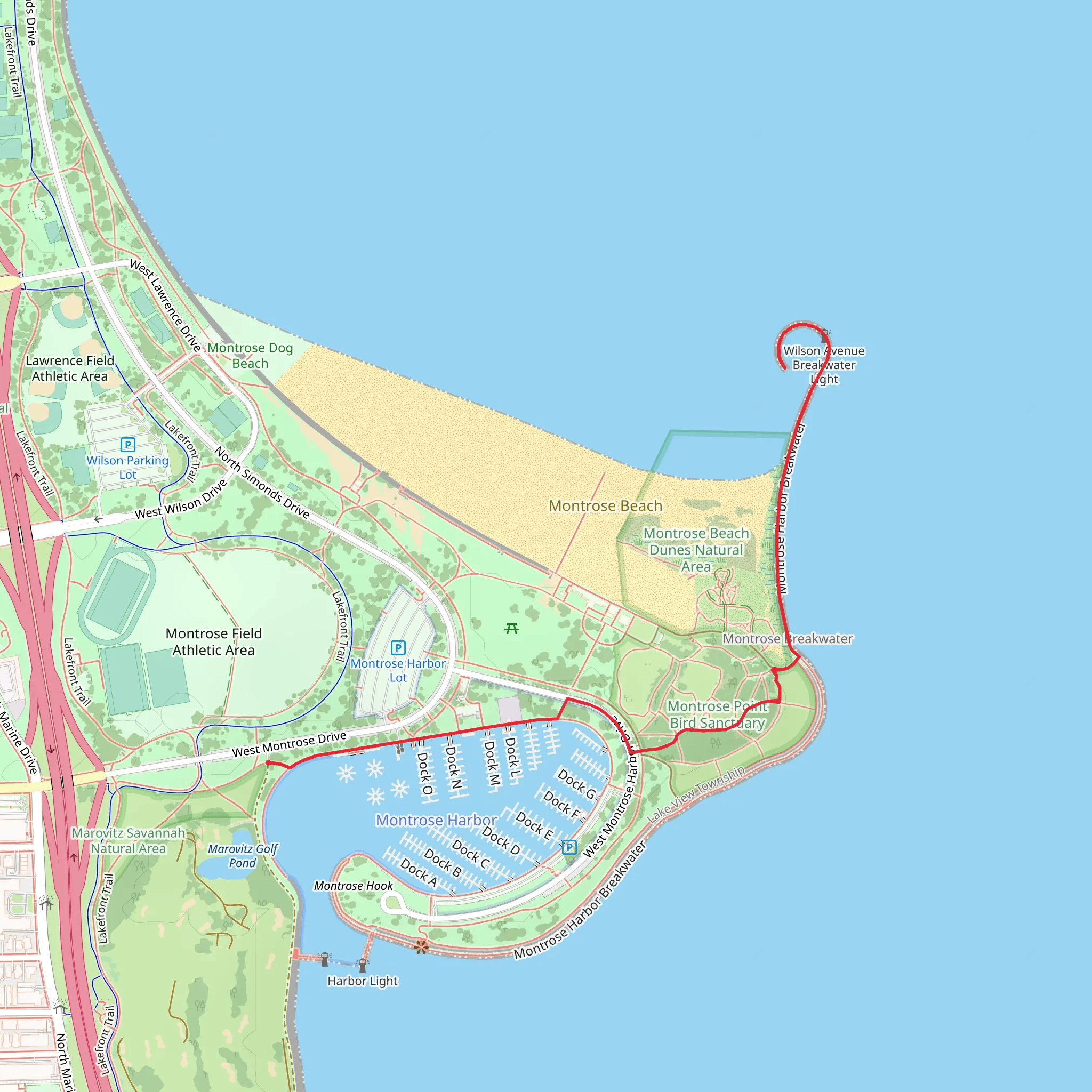 Montrose Point Bird Sanctuary and Montrose Harbor Beacon Walk mobile static map