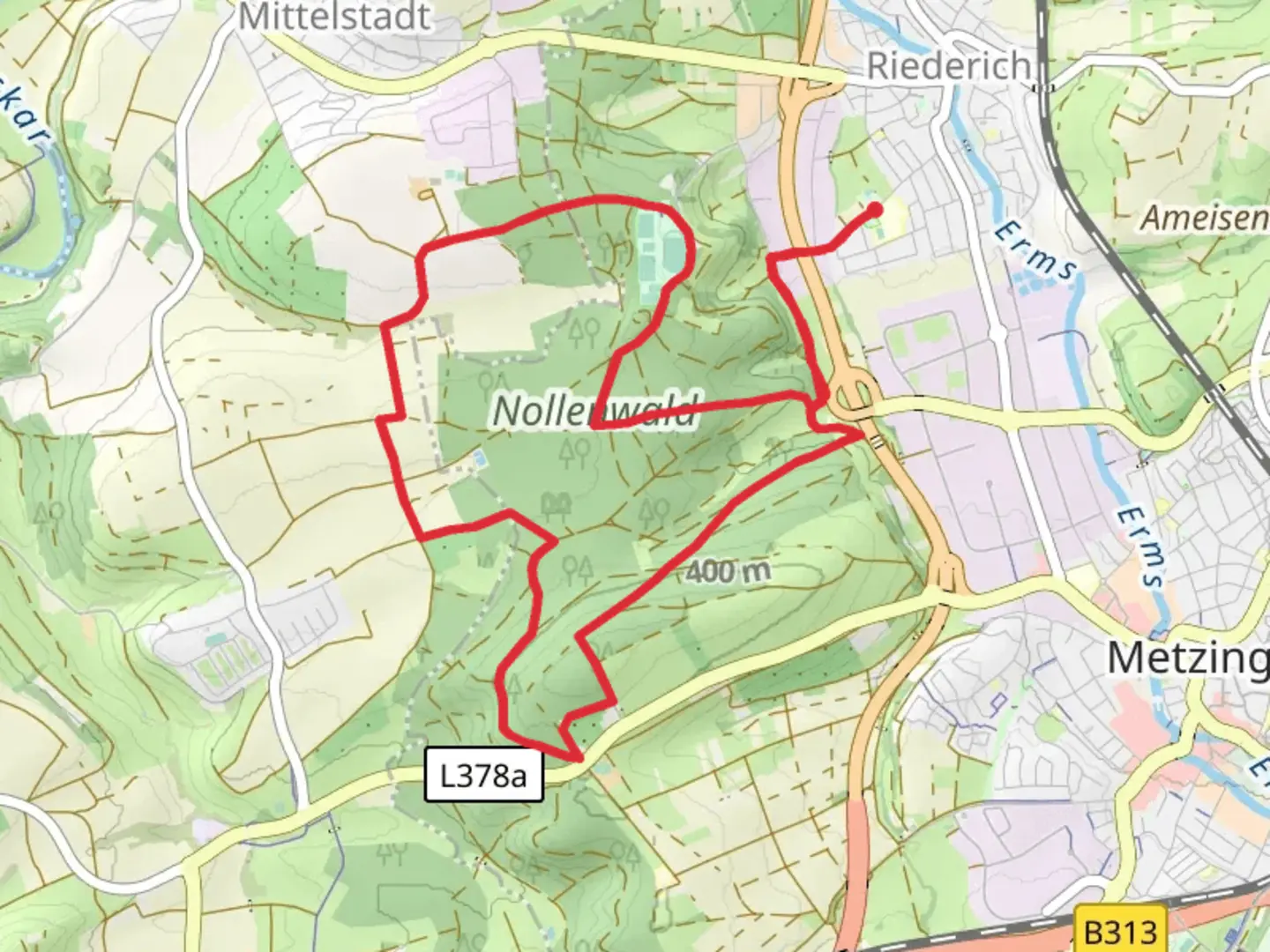 An image depicting the trail Nollenwald Loop and its surrounding area.