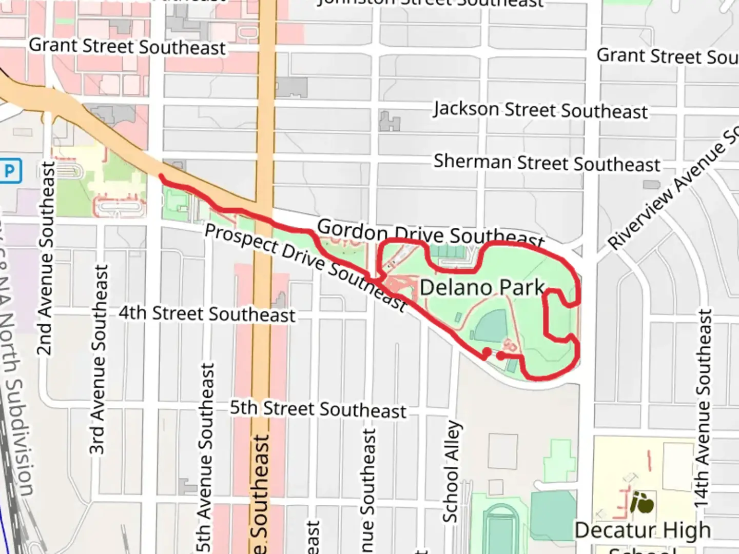 An image depicting the trail Delano Park Loop and its surrounding area.