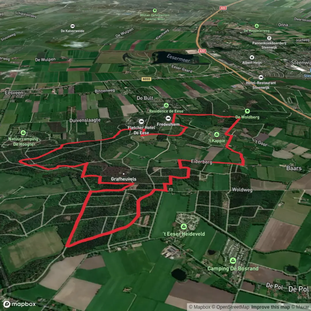 An image depicting the trail Eeserveld via Woldweg and Brauweringen and its surrounding area.