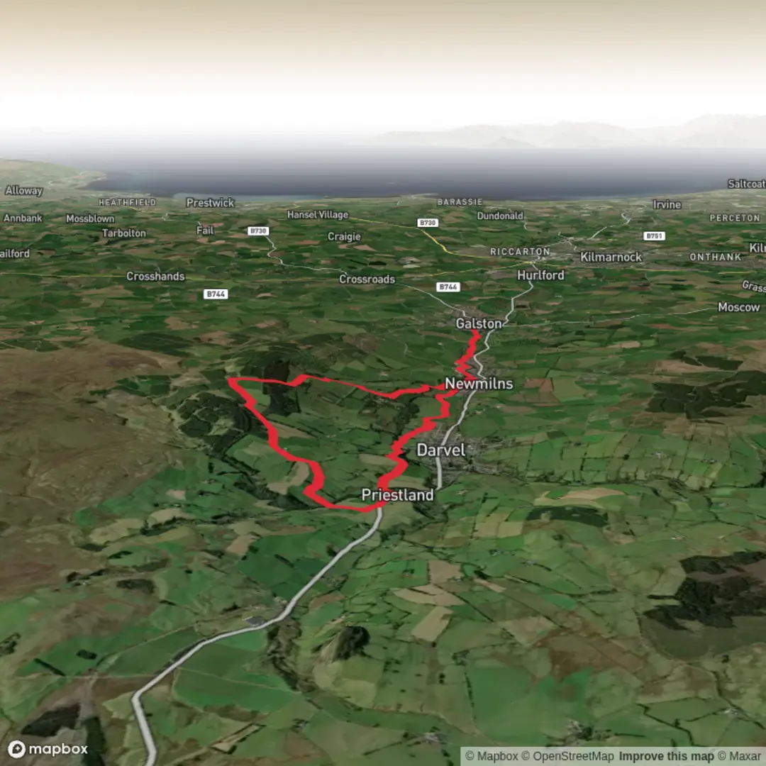 An image depicting the trail Galston Newmills Darvel Priestland Loop and its surrounding area.