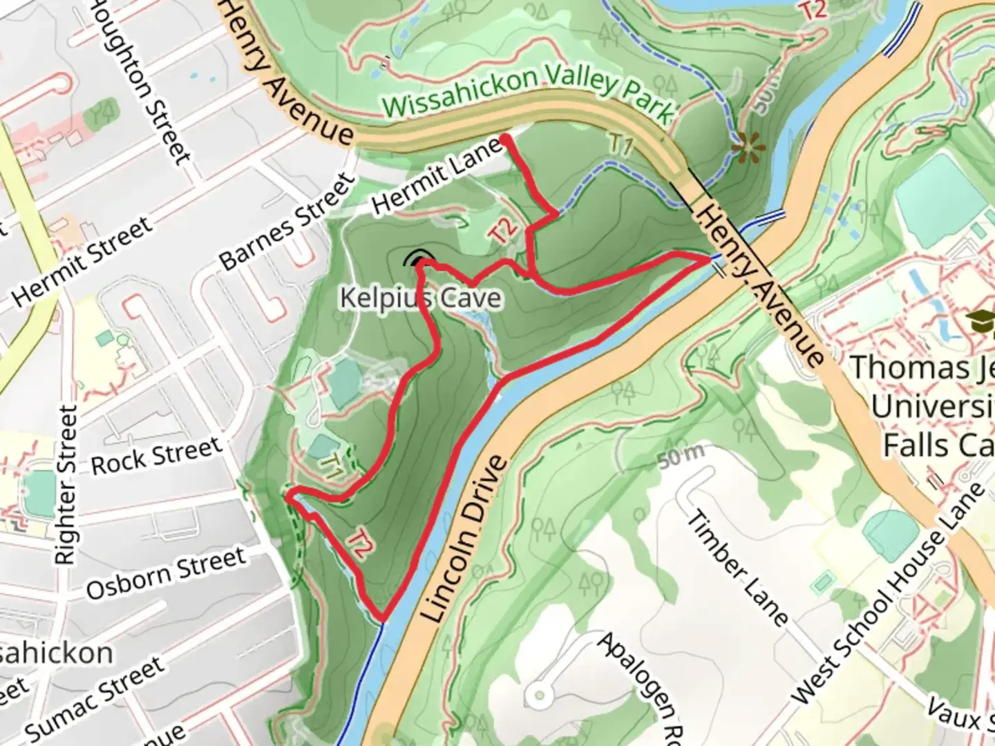 An image depicting the trail Wissahickon Creek Loop from Hermit Lane and its surrounding area.