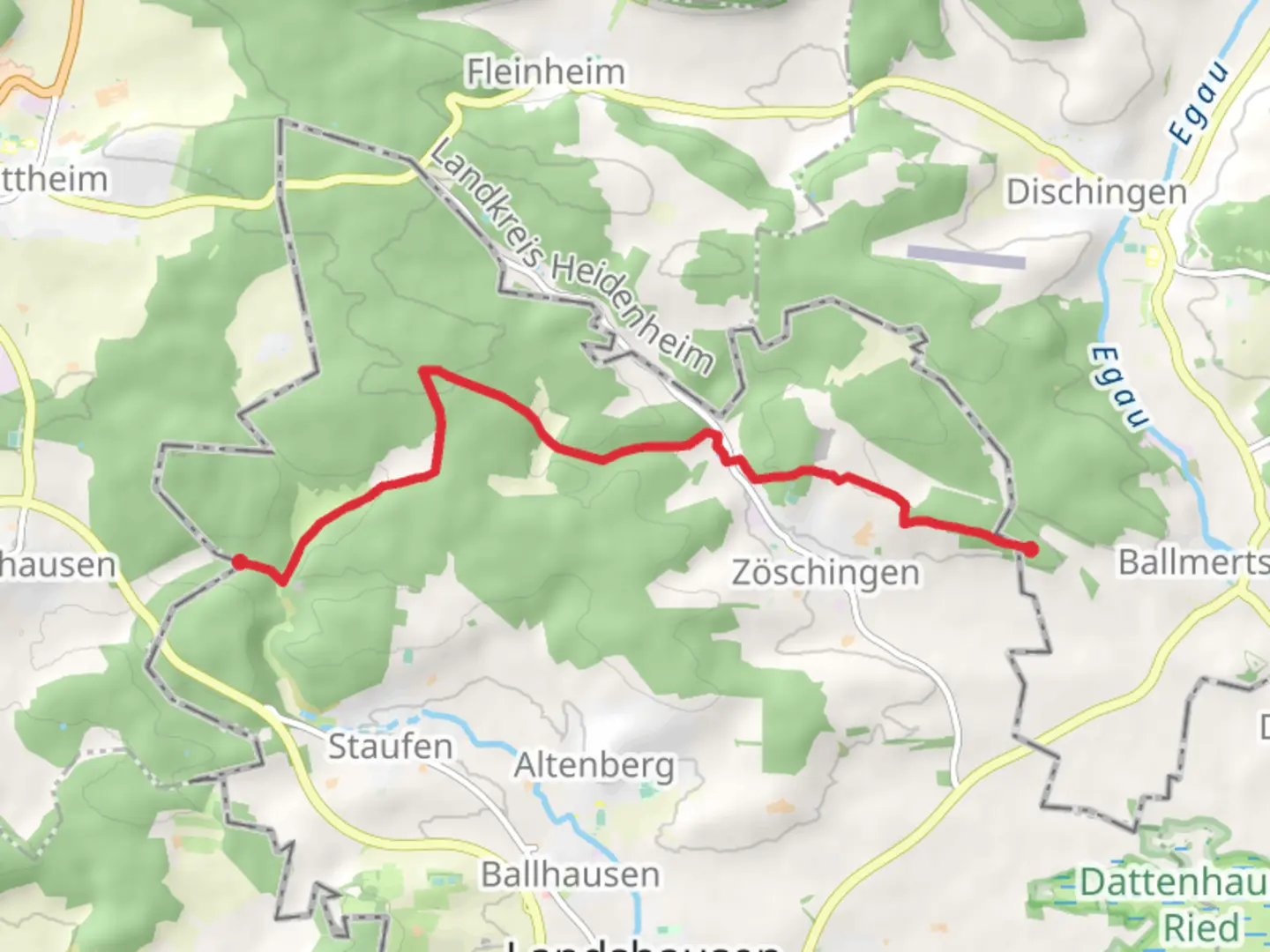 An image depicting the trail Staufer Forst, Kreuzbuche to Zoschingen Walk and its surrounding area.