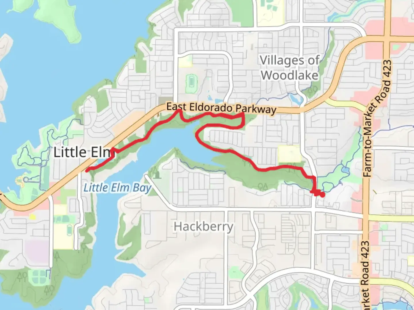 An image depicting the trail Little Elm Bay and Harts Branch and its surrounding area.