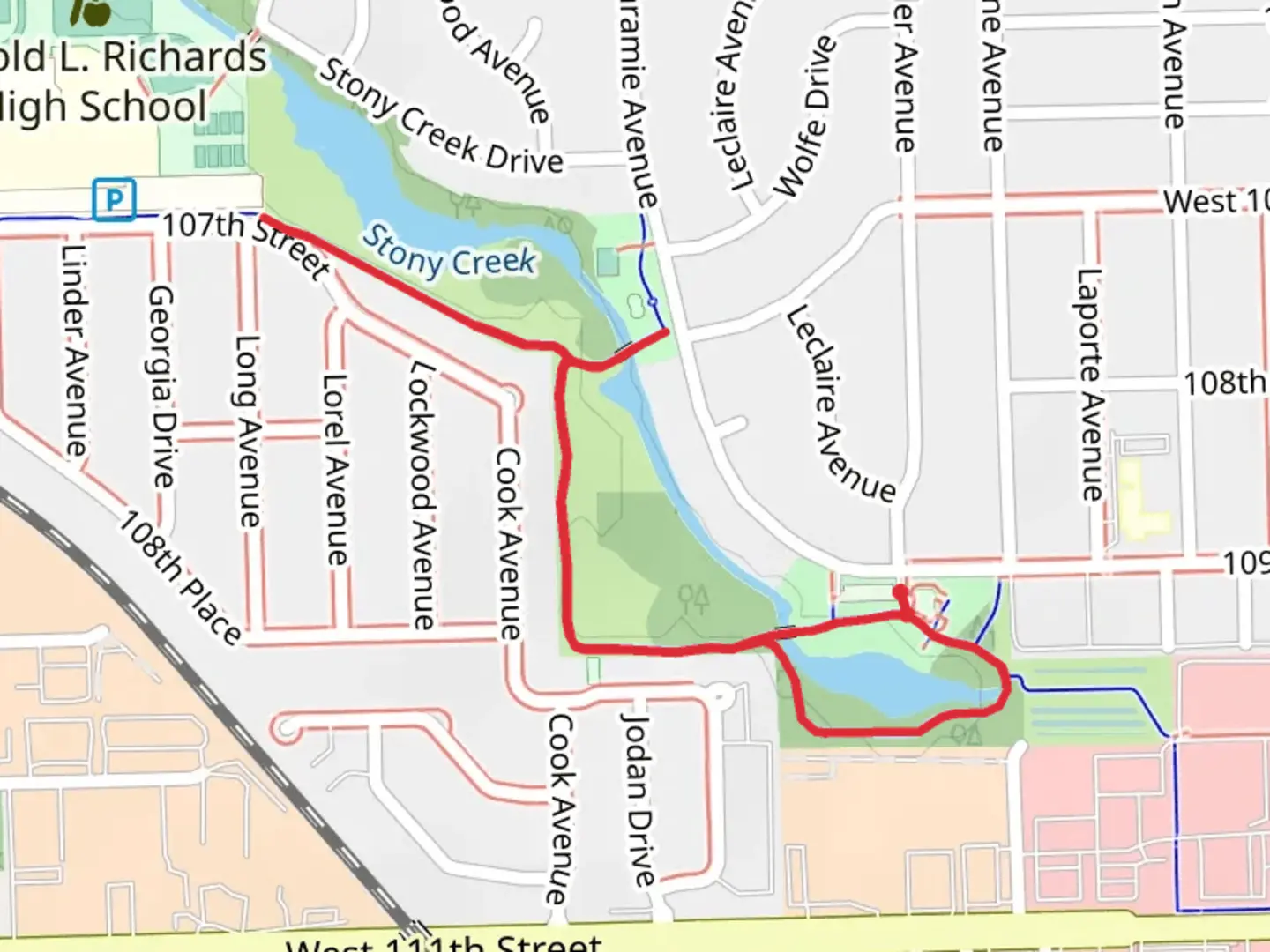 An image depicting the trail Loop along Stony Creek via Wolfe Wildlife Refuge Park and its surrounding area.