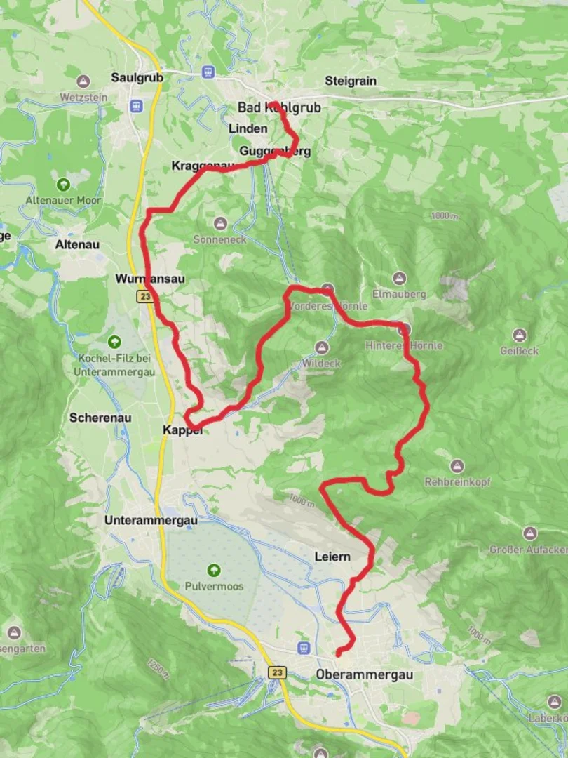 An image depicting the trail Bad Kohlgrub to Oberammergau Walk and its surrounding area.