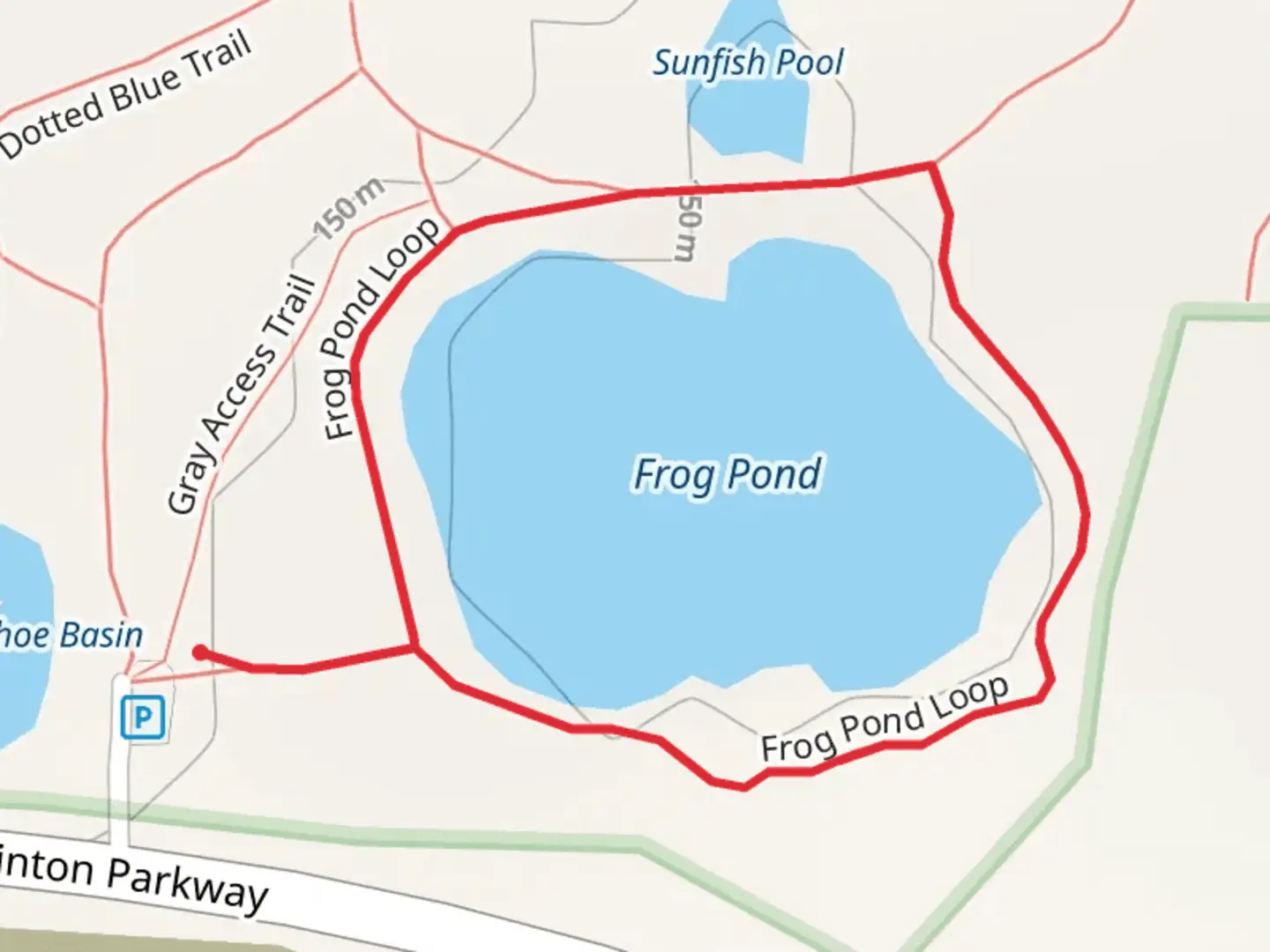 An image depicting the trail Frog Pond Loop and its surrounding area.