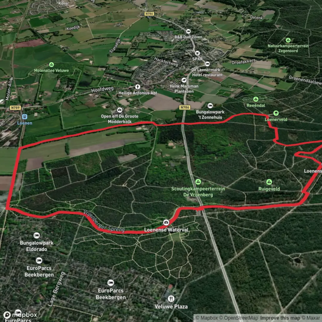 An image depicting the trail De Vrijenberg and De Groote Modderkolk Loop and its surrounding area.