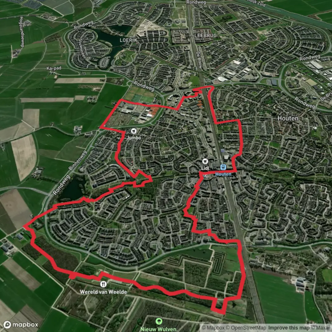 An image depicting the trail Het Grote Fort and Kooikersplas via Nieuw Wulven and Stationserf and its surrounding area.