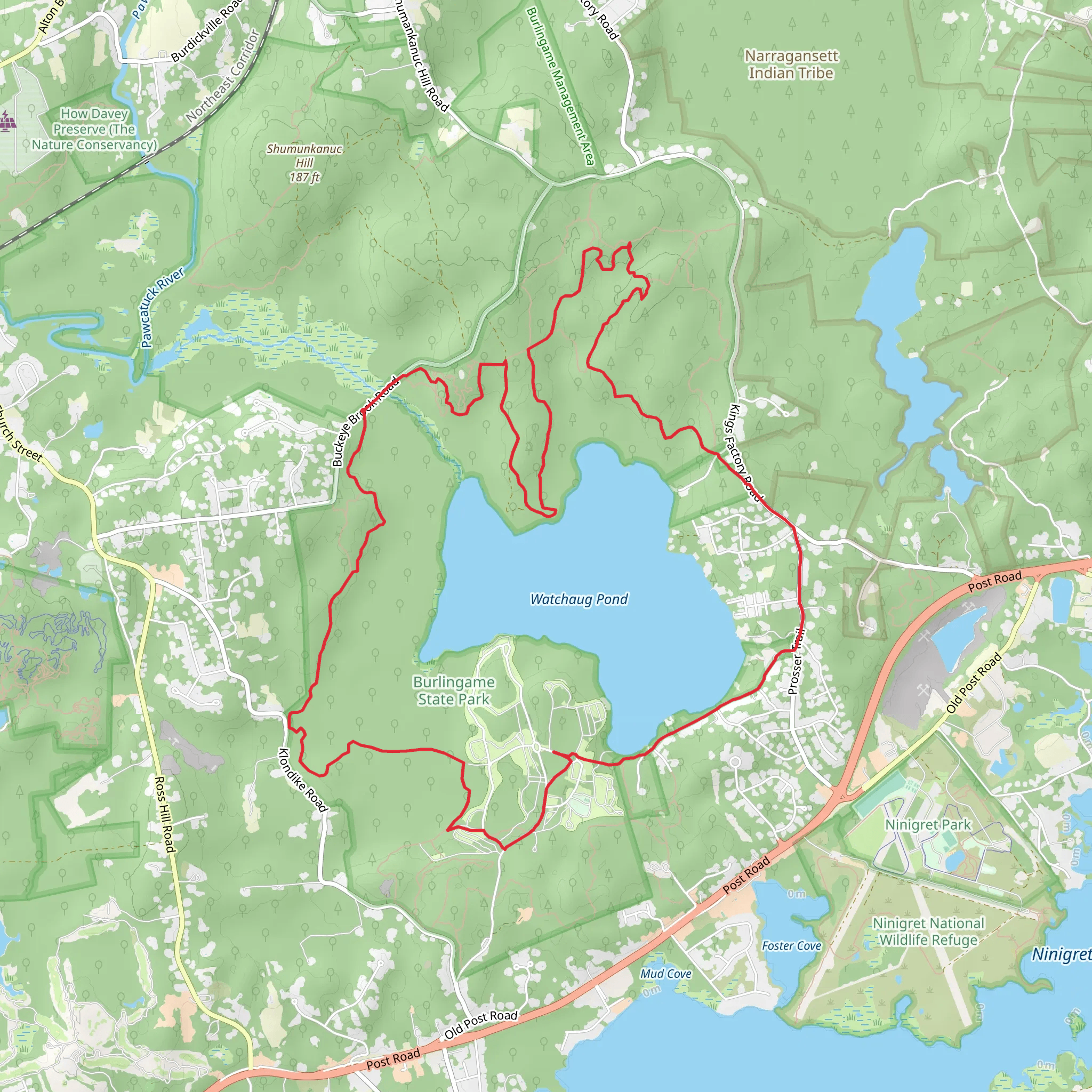 Watchaug Pond Loop from Buckeye Brook Road mobile static map