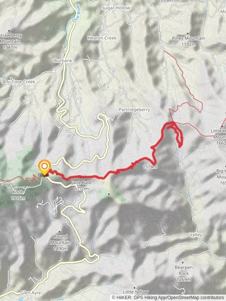 An image depicting the trail Round Bald, Yellow Mountain via Appalachian Trail and its surrounding area.