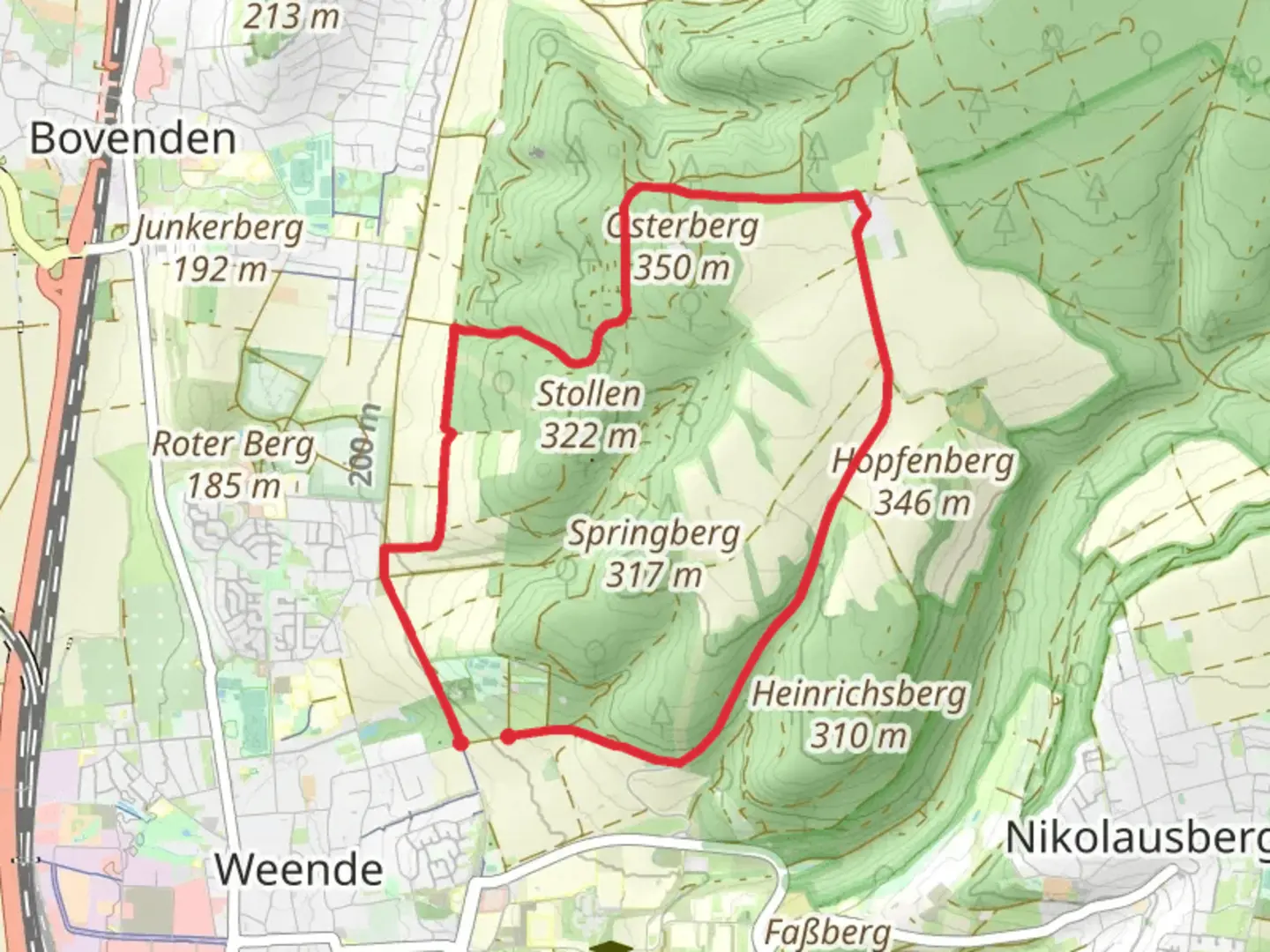 An image depicting the trail Rundwanderweg Weende - Tour Gelbes Quadrat and its surrounding area.