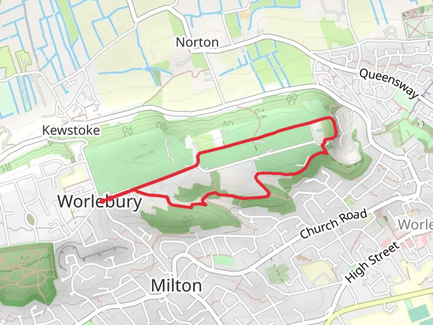 An image depicting the trail Worlebury Golf Course Loop and its surrounding area.