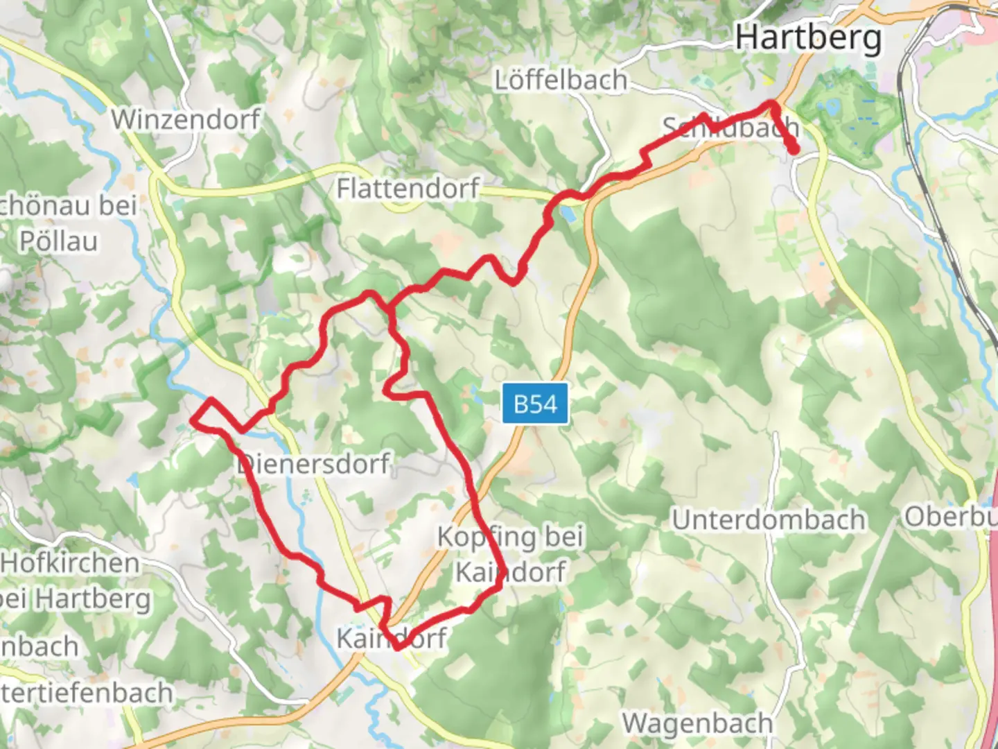 An image depicting the trail Hartberg Kaindorf Hartberg via Marterlweg and its surrounding area.