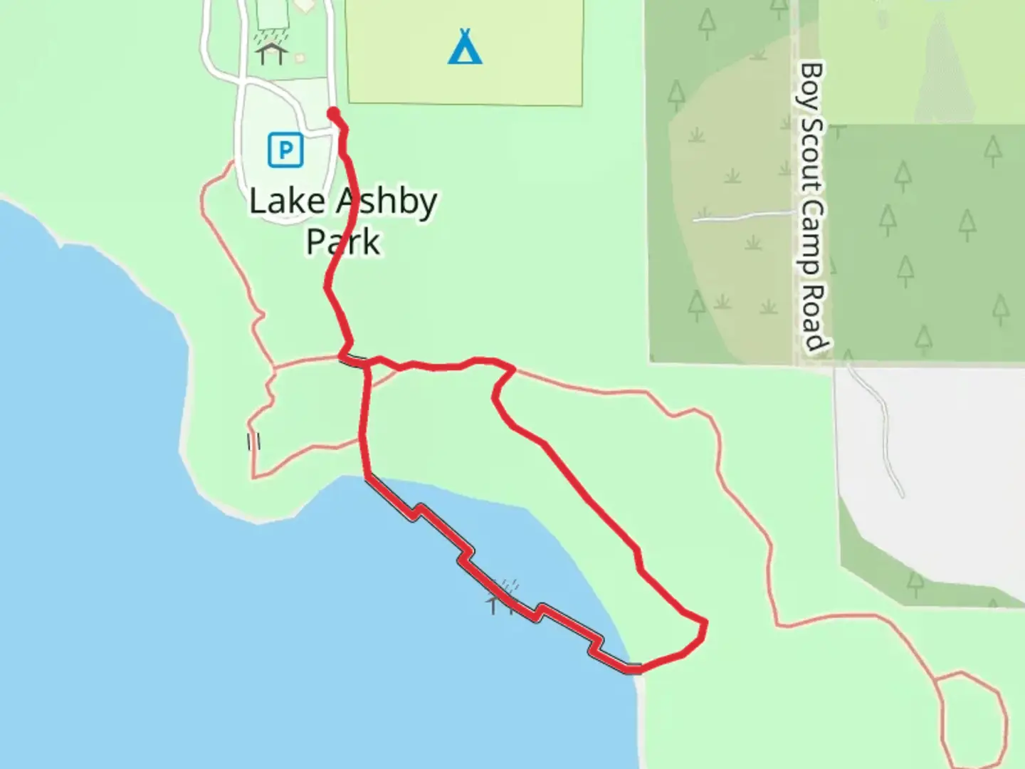 An image depicting the trail Lake Ashby Park Loop and its surrounding area.