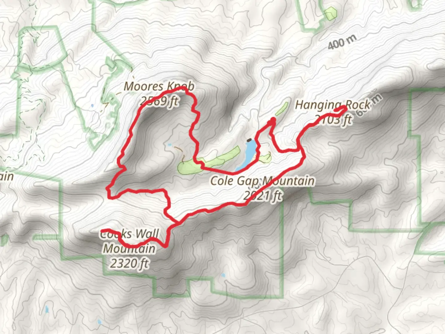 An image depicting the trail Hanging rock, Cole Gap Mountain, Cooks Wall Mountain and Moores Knob Loop and its surrounding area.