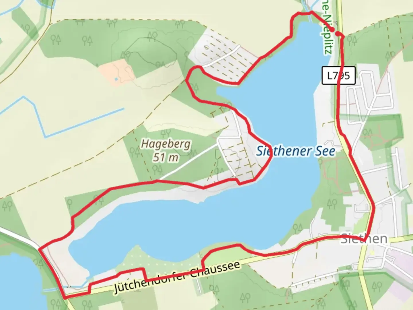 An image depicting the trail Siethener See Loop and its surrounding area.