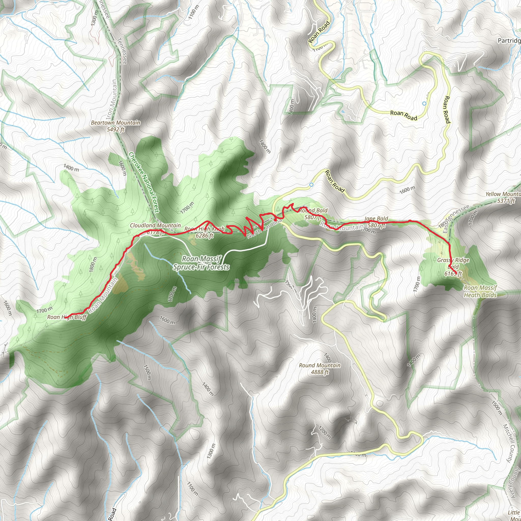 Round Bald, Grassy Ridge Bald and Roan High Knob via Appalachian Trail mobile static map