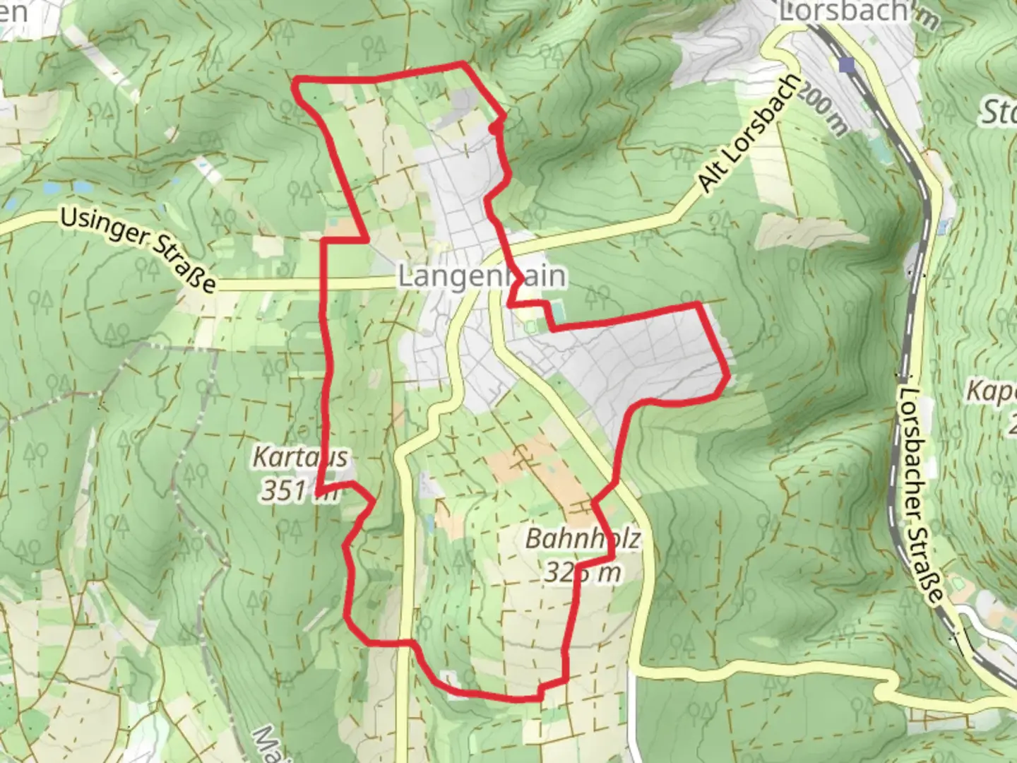 An image depicting the trail Bahai Temple, Kartaus and Blick in die Ebene Loop via Panoramaweg Langenhain and its surrounding area.