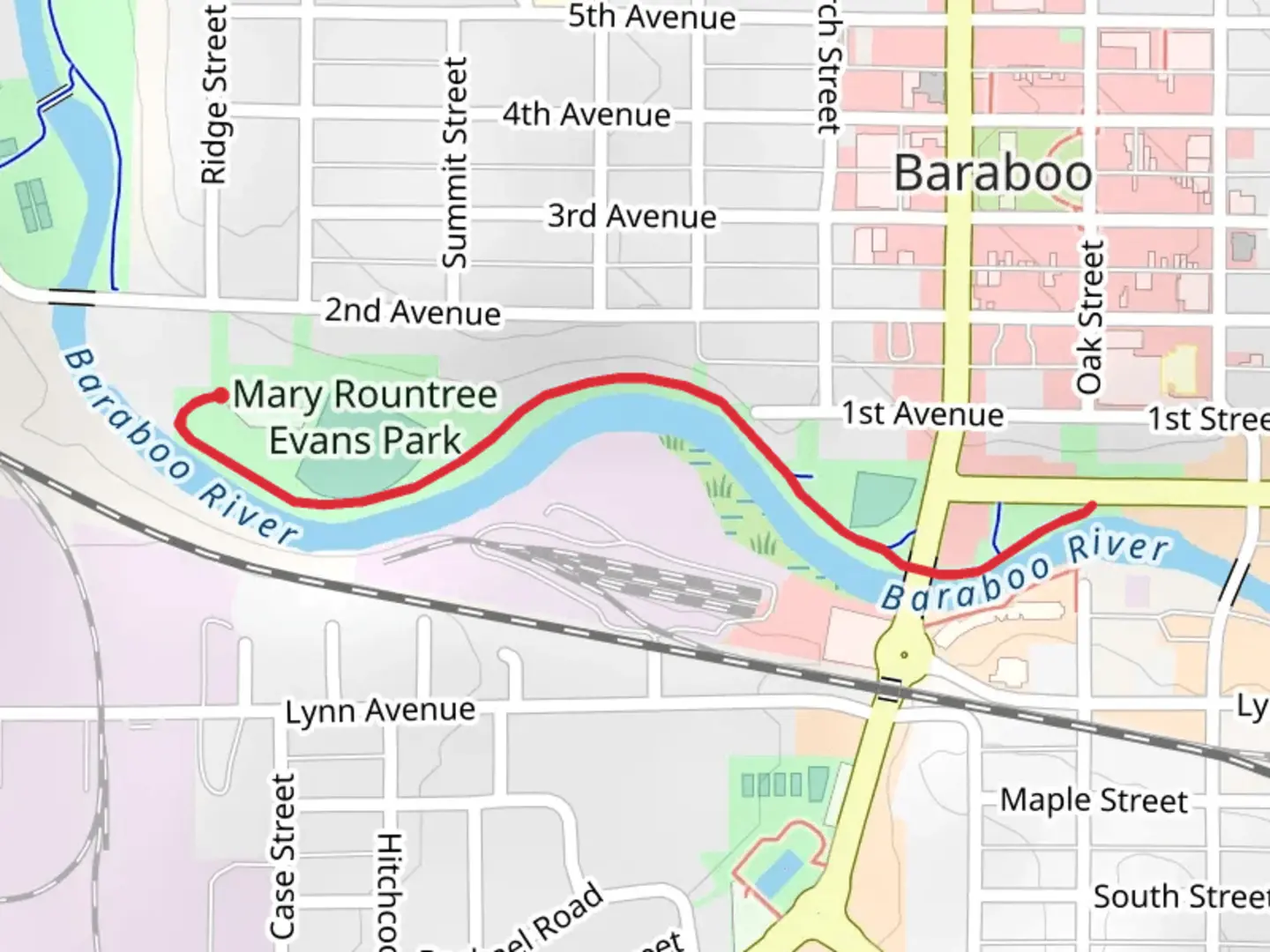 An image depicting the trail Baraboo Riverwalk - Mary Rountree Evans Park and its surrounding area.