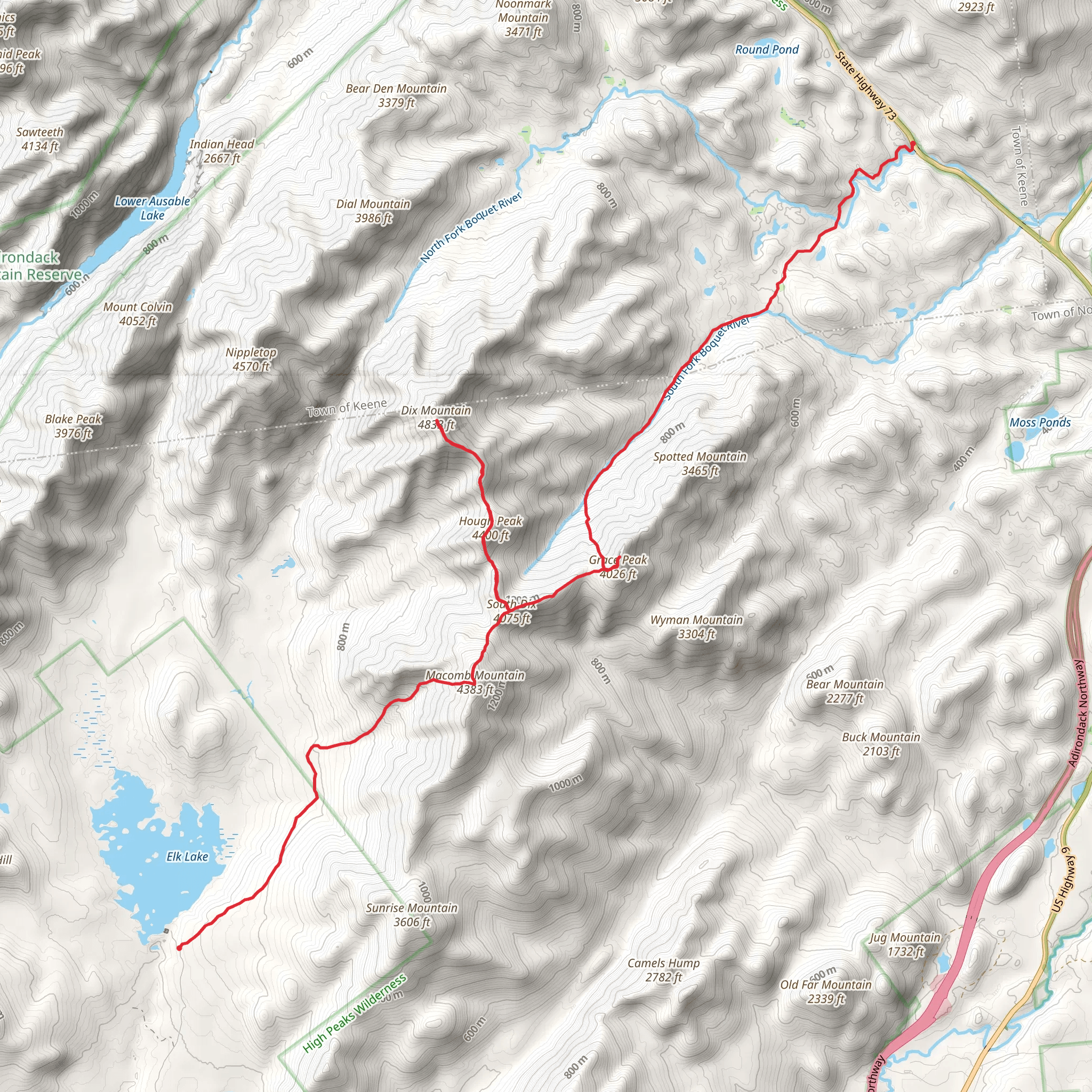 Macomb Mountain, South Dix, Grace Peak and Beck-horn via Bouquet Forks Trail mobile static map