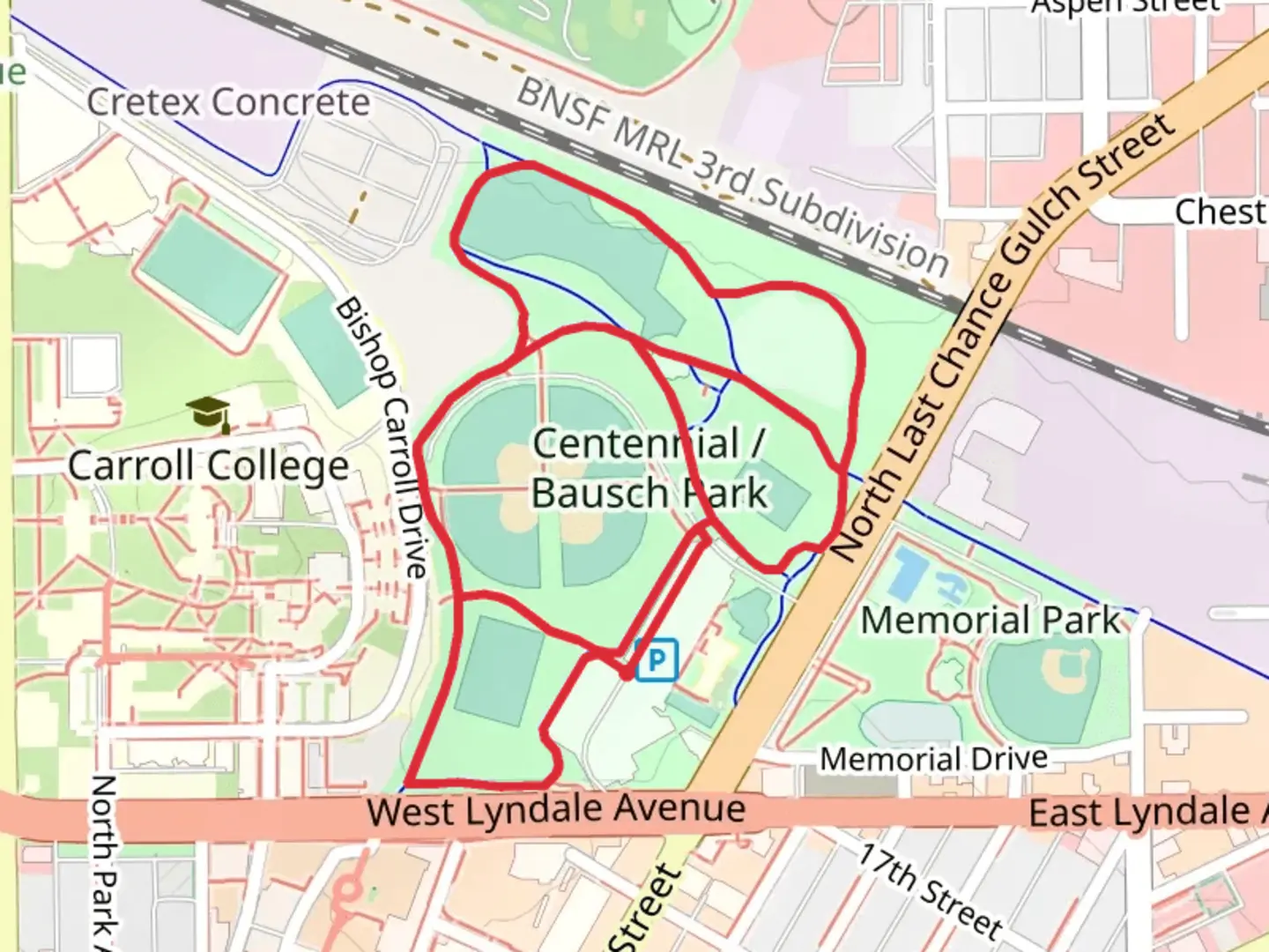 An image depicting the trail Centennial - Bausch Park Loop and its surrounding area.