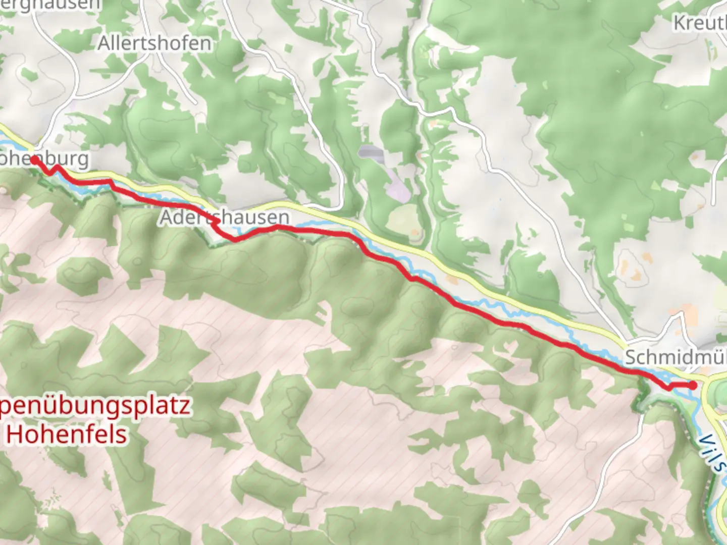 An image depicting the trail Hohenburg to Schmidmuehlen via Gelbstrich and its surrounding area.
