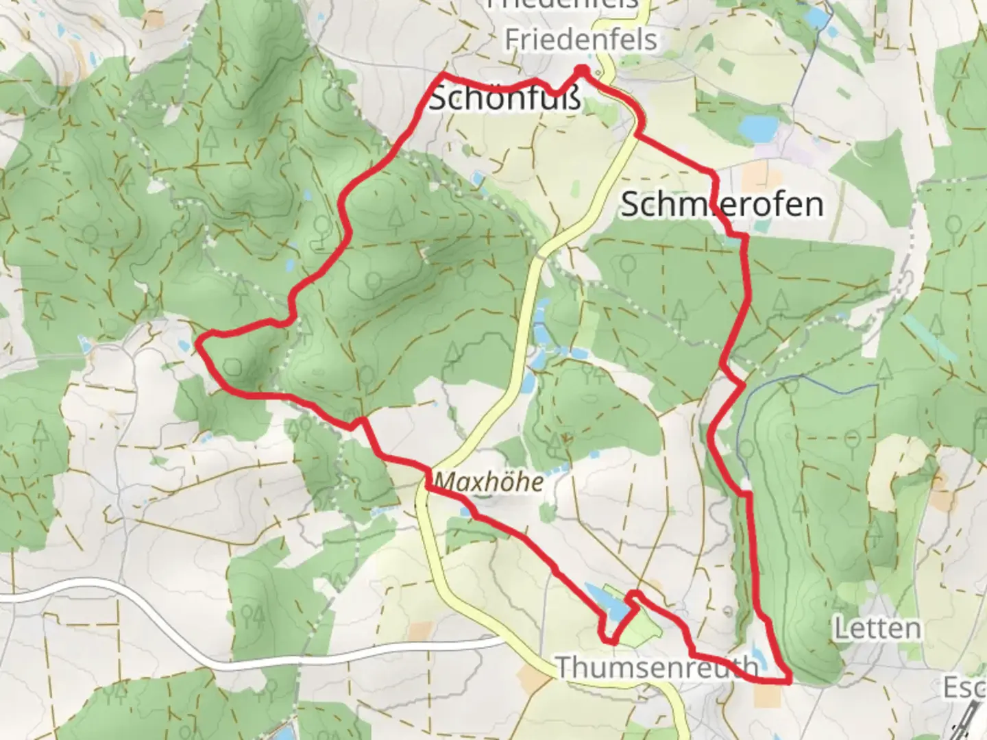 An image depicting the trail Erlenweiher via Friedenfels Rundwanderweg Gruen and its surrounding area.