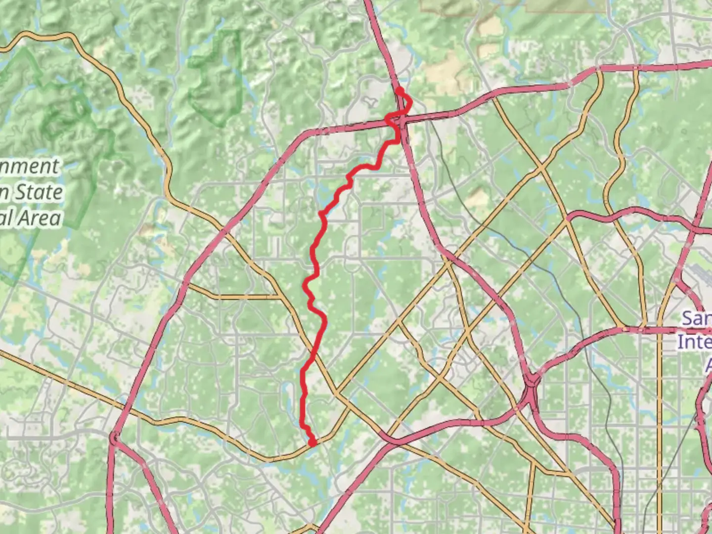 An image depicting the trail Leon Creek Greenway Trail and Bamberger Nature Park South Loop and its surrounding area.