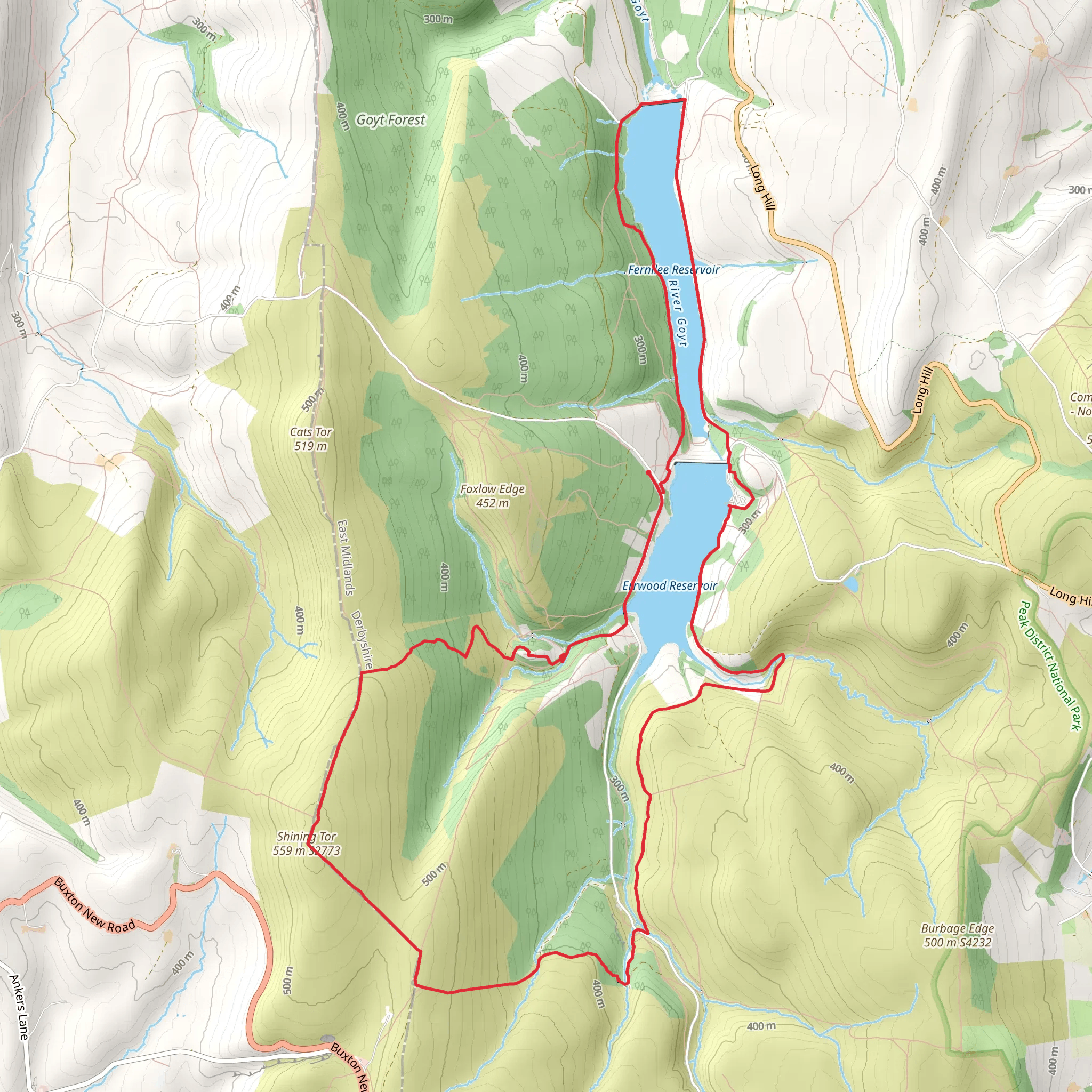 Errwood reservoir ruins of Hall shining tor and Fernlee resevpir mobile static map