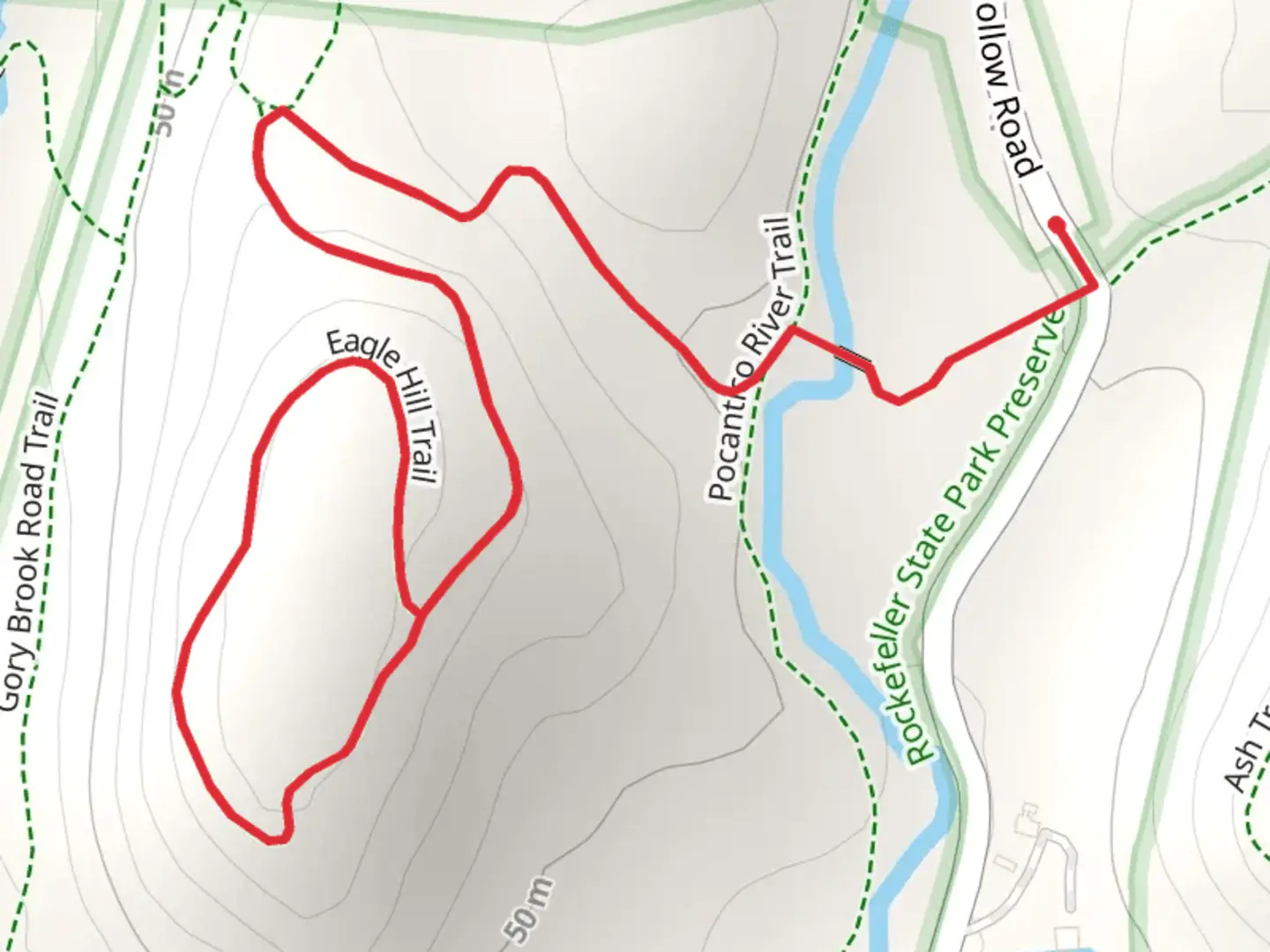 An image depicting the trail Eagle Hill Trail and Old Sleepy Hollow Trail via Pocantico River and its surrounding area.